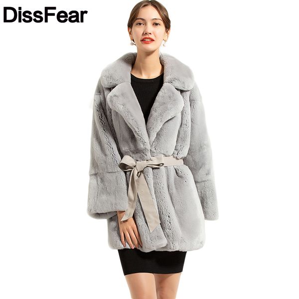 

75cm gray rex fur coat with belt thick warm winter women clothing overcoat women natural fur turn-down collar jacket, Black