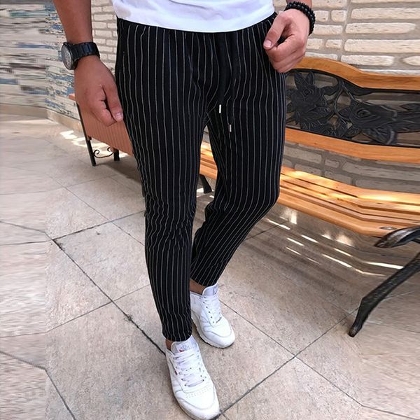 

new mens striped pencil pants fashion casual drawstring trousers male street breathable all-match trousers, Black