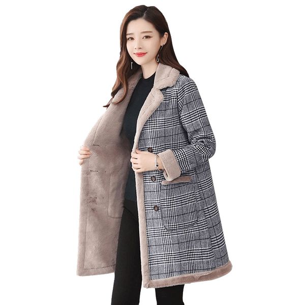 

autumn and winter new slim slimming thickening plus velvet plaid woolen long section versatile coat warm women's clothing jq375, Black