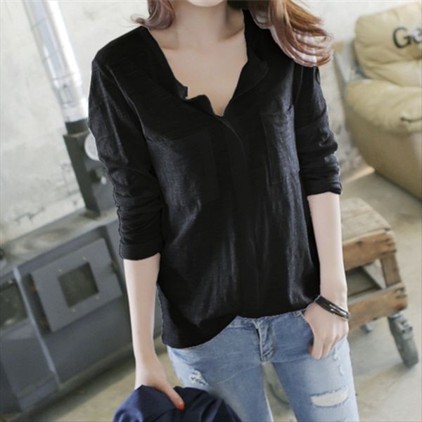 

2020 bamboo cotton long sleeve women's student v-neck large size t- loose t-shirt base shirt fashion, White