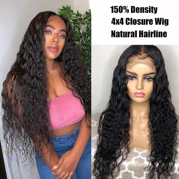 

30inch lace closure wig water wave lace front human hair wigs for black women 4x4 pre plucked lemoda remy hair long wig 150%, Black;brown
