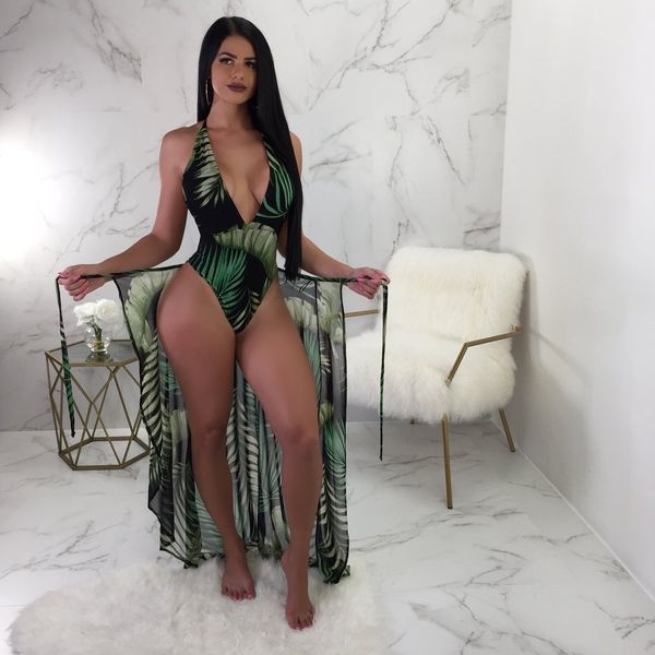 

2020 women's swimsuit leaf print halter strap blouses two-piece swimsuit piece swimsuit summer suit-2, White;black