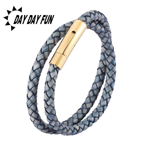 

trendy stainless steel snaps retro blue braided leather double layer bracelet men women vintage wristband gifts e0490, White