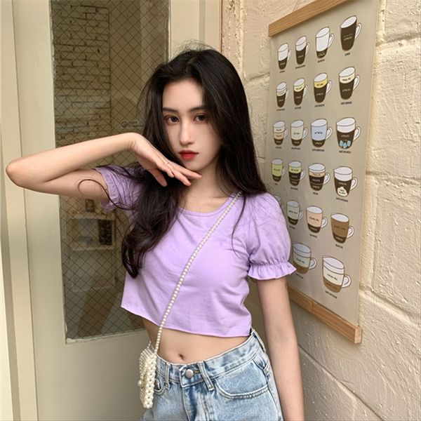 

6535 cotton summer clothes ins short round collar wooden ear t-shirt sleeve scheming navel t-shirt female, White