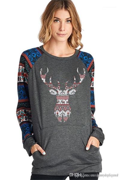 

стиле с длинным рукавом и круглым вырезом женская одежда фестиваль стиль повседневная одежда женщин оленей печати рождество дизайнер футболк, White