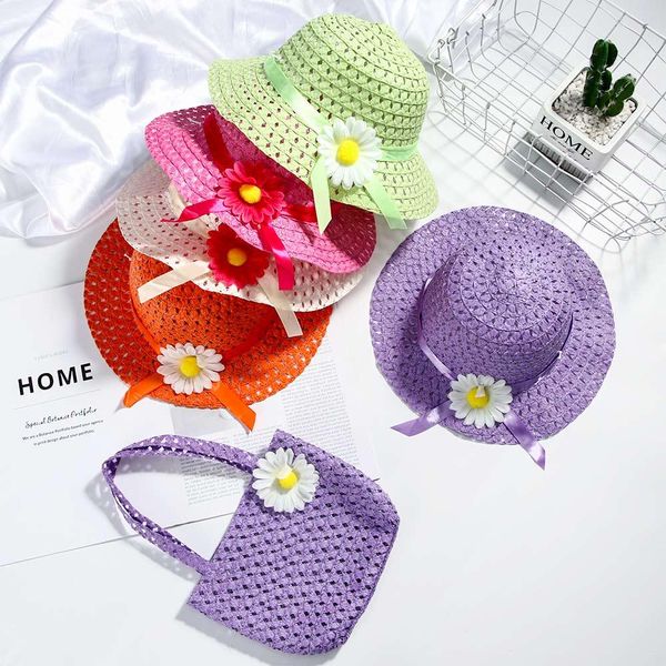 

selling summer sun hat girls kids straw hat cap beach hats bag flower tote handbag bags suit tote handbag flower straw cbteq, Yellow