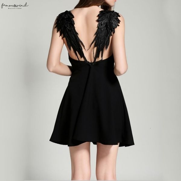 

women slim backless beach dresses summer black white lace angel wings dress spaghetti strap vestidos, Black;gray