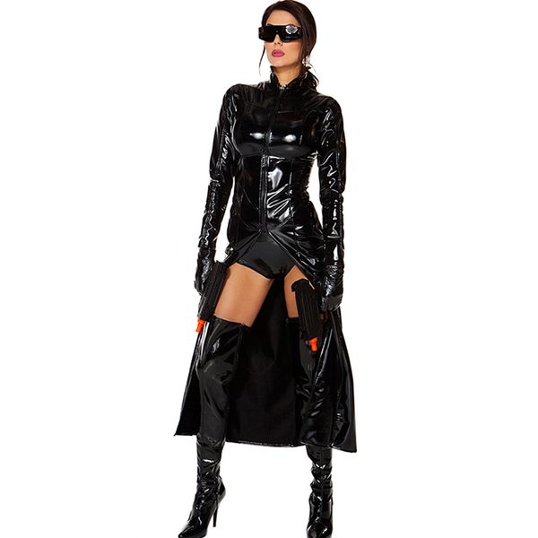 Высочайшее качество с длинным рукавом половина молнии пальто ПВХ WetLook Clubwear Готический косплей вечеринка костюм сексуальный Catwoman Catsuit женские длинные пальто