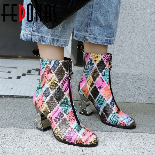 

fedonas winter new prints synthetic leather strange heels short boots dancing shoes woman brand warm plus size women ankle boots, Black