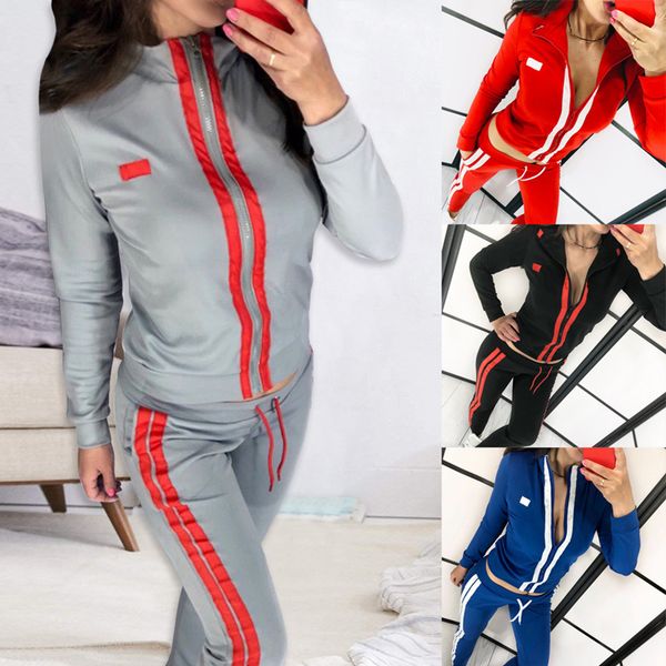 

striped jumpsuits women's casual 2 pieces outfits running set fashion sweatsuits zipper tracksuits long sleeve pants casual, Black;blue