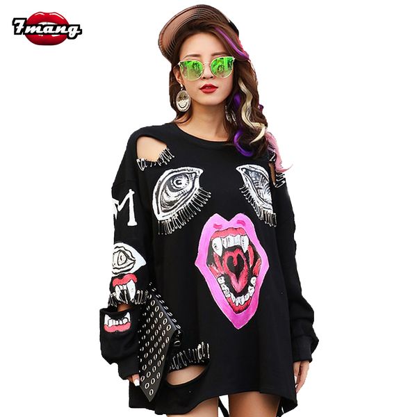 

7mang новые осенние женщины моды панк черный мультфильм рот печати отверстие свитеры o шеи длинный рукав уличный клип пуловер, Black