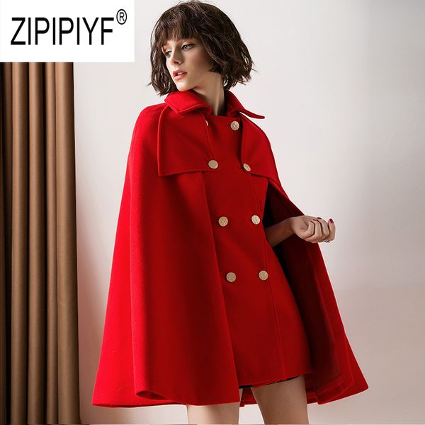 

women's wool & blends british style fashion women woolen coats double-breasted turn down neck long cloak sleeve md-long casual lady z22, Black