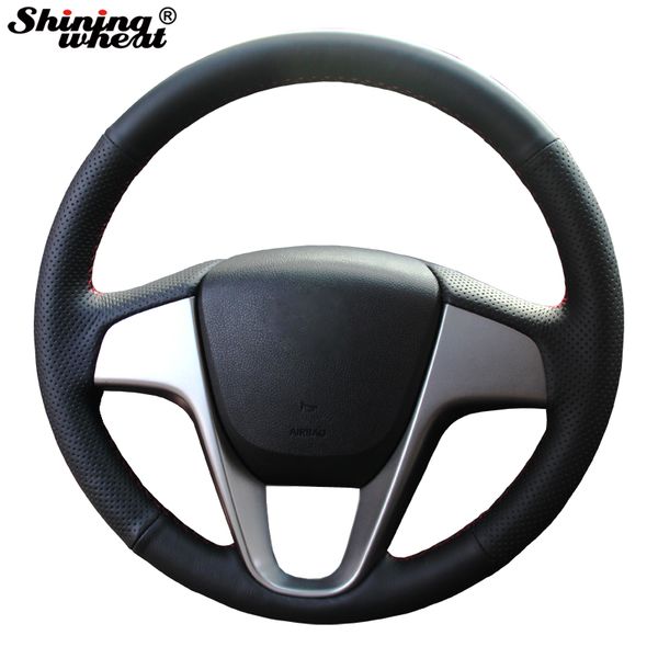 

shining wheat hand-stitched black leather steering wheel cover for solaris verna i20 accent
