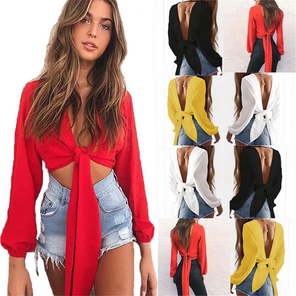 

summer women casual v back open back backless wrap blouse female crop v neck long sleeve bow shirts nz19.9-257, White