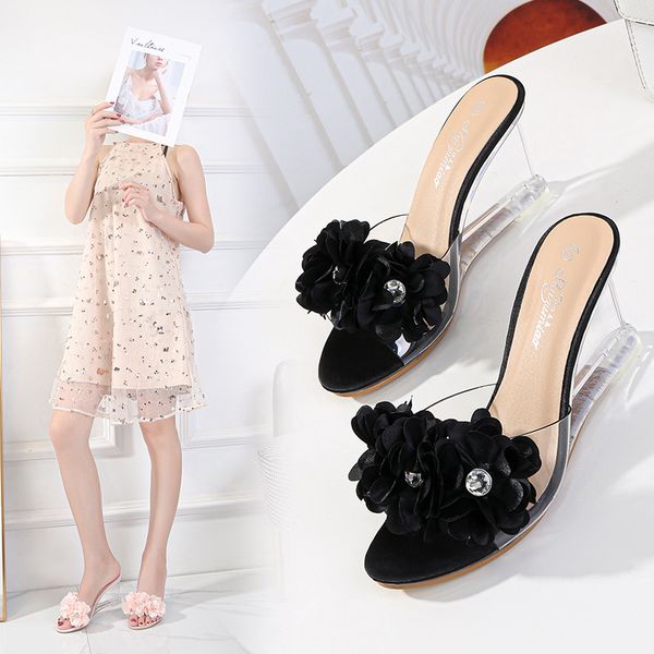 

ladies clear sandals rhinestone flower wedge sandals women's summer new crystal transparent high-heel, Black