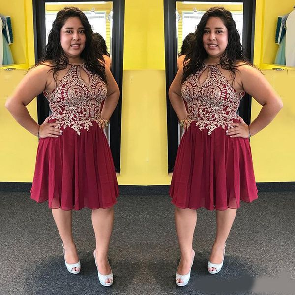 

plus size homecoming dresses burgundy chiffon a line sweet 16 dresses keyhole neck knee length backless cocktail dresses with gold appliques, Blue;pink