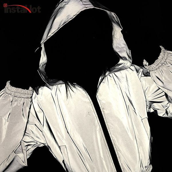 

instahot с капюшоном на молнии jaket женщины серый светоотражающие вспышки верхняя одежда уличная повседневная короткое пальто осень зима 20, Black;brown