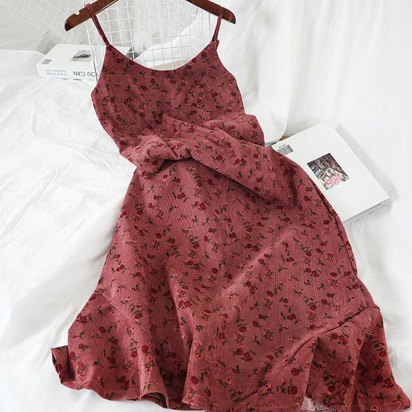 

women dress 2020 autumn spring robe ladies dresses vintage elegant corduroy ruffle sleeveless floral midi a-line strap dress, Black;gray
