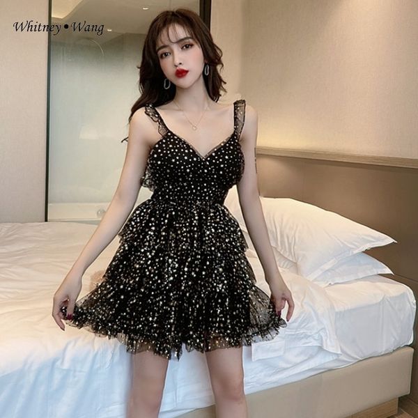 

whitney wang 2020 spring summer fashion shimmer stars layered dress women ball gown dress night club party dress, Black;pink