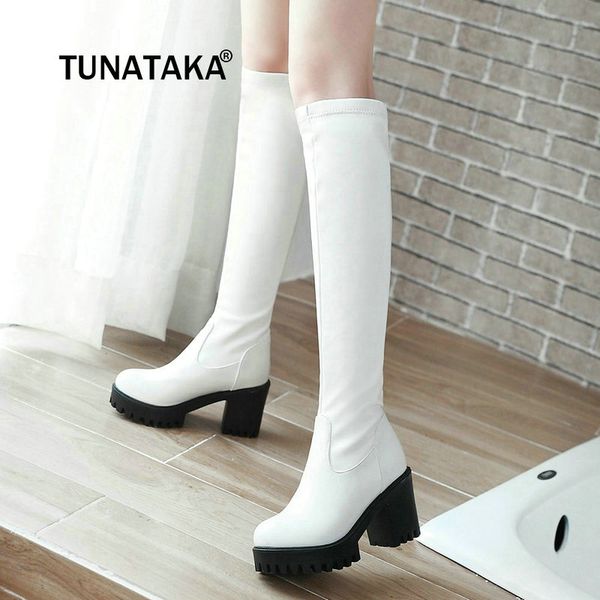 

winter knee high boots womens thick high heels boots fashion platform shoes black white long woman 2019 dropshipping