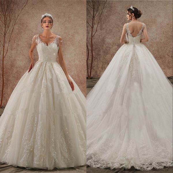 

2020 arabic vintage wedding dress hochzeitskleid crystal lace applique fluffy ball gown v-neck straps lace-up corset bridal gowns, White