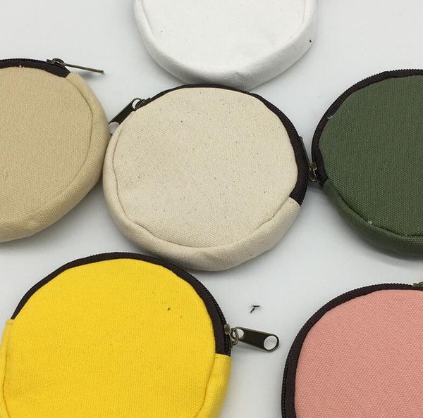 

solid color round coin bag canvas zipper wallet diy mini small change money bags blank organizer, White