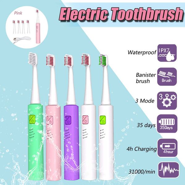 

new electric toothbrush 3 mode usb acoustic wave vibration waterproof ipx7 soft with 4pcs replacement head electric teeth
