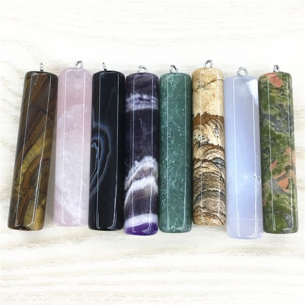 

56mm natural tiger eye amethysts green aventurine unakite gray agates stone pendant pendulum cylinder prism women necklace, Silver