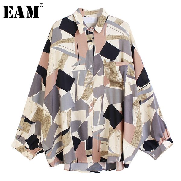 

[eam] women blue pattern printed big size blouse new lapel long sleeve loose fit shirt fashion tide spring summer 2020 1u400, White