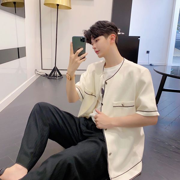 

men summer vintage fashion short sleeve casual shirt style jacket male japan korea streetwear shirt coat, White;black