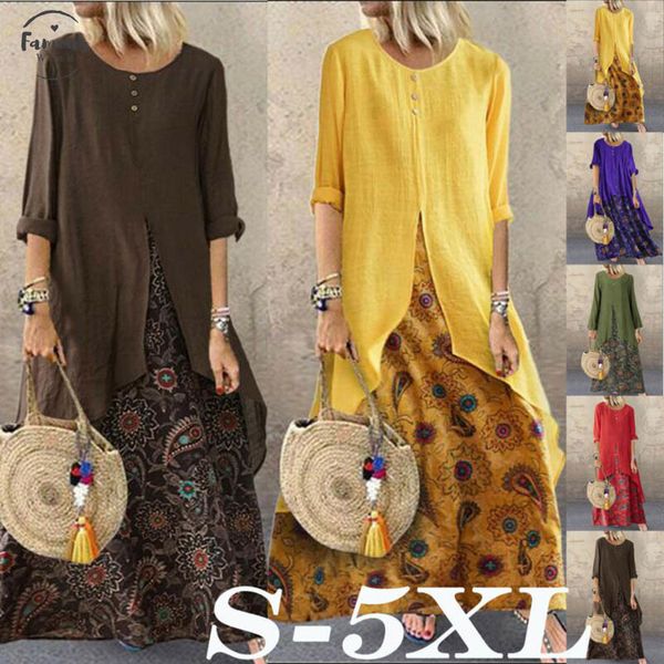 

elegant floral ethnic long dress woman autumn boho o neck long sleeve loose maxi dresses plus size 5xl vestido, Black;gray