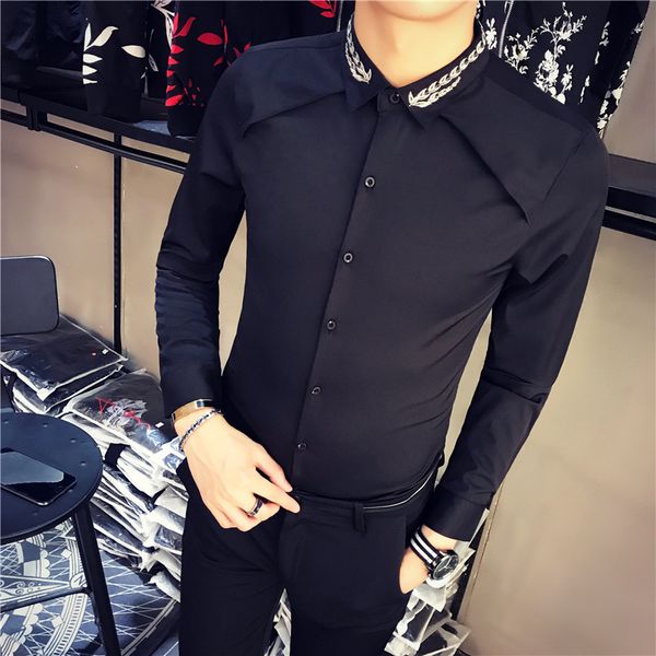 

gzdeerax mens shirts luxury embroidery collar long sleeve casual party mens dress shirts fashion slim fit male, White;black