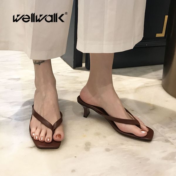 

simple flip flops women heel slippers square toe female summer slides shoes woman sliders med heels, Black