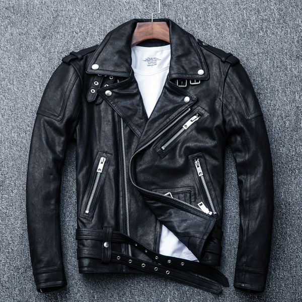 

the new leather leather men's coat lapels plant rou do old young motorcycle jackets coat of type, Black
