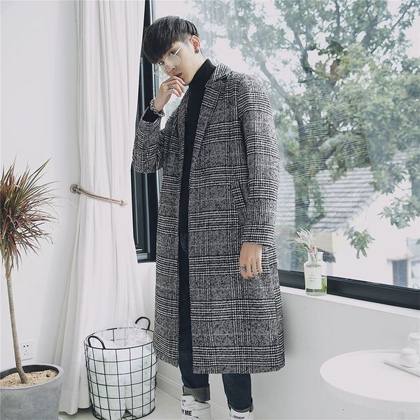 

chic plaid men trench coat brand turn-down collar slim couple overcoat autumn winter elegant teenager long jacket s-xxl, Black