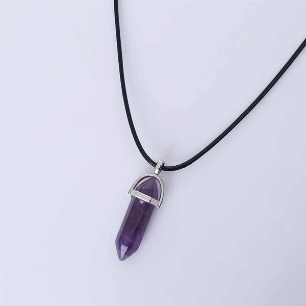 

hexagonal column quartz necklaces turquoises pink crystal pendent necklace for women leather chain natural stone choker necklace, Silver
