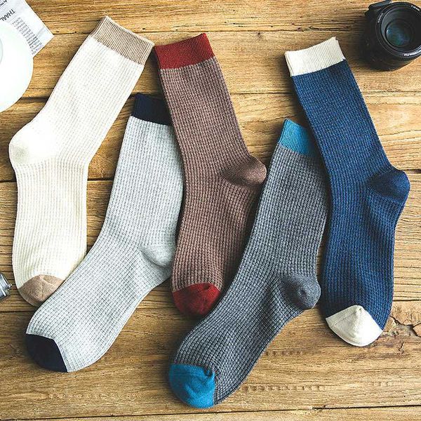 

new men's cotton double needle high-end business fashion color matching casual socks 5 pairs, Black