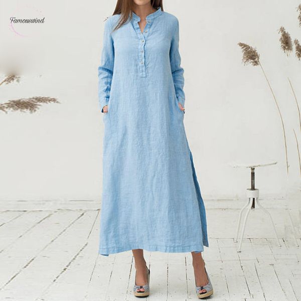 

elegant women long dress long sleeve maxi plus size slit solid vintage buttons pockets casual cotton spring summer sundress, Black;gray