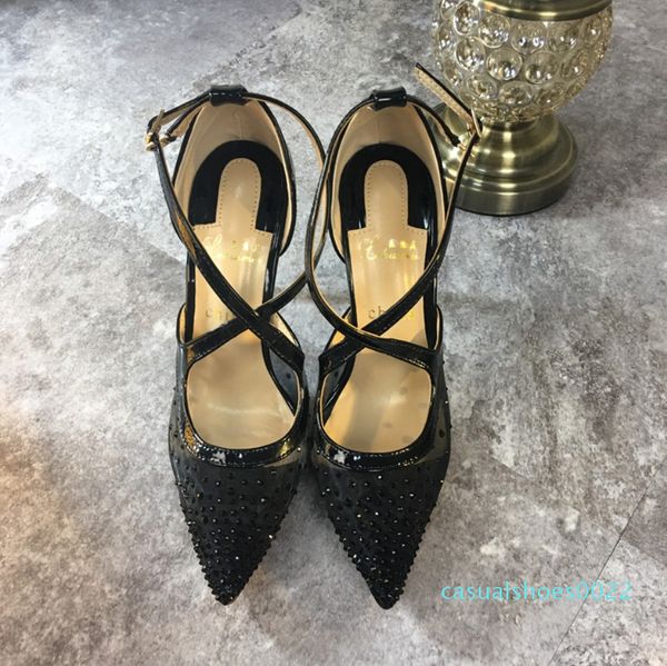 

casual designer lady fashion mesh nude strass criss cross strappy point toe high heels pumps stiletto heeled c22, Black