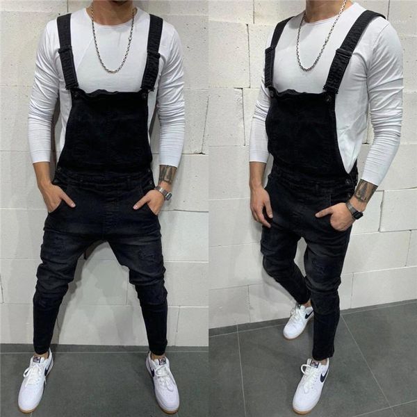 

casual designer jeans mens solid color denim overalls fashion hole slim fit pencil pants male, Blue