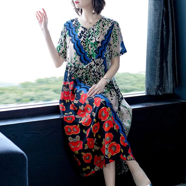 

2019 new summer dresses women loose v-neck faux silk dress a-line plus size dress short sleeve flower printed vestidos, Black;gray