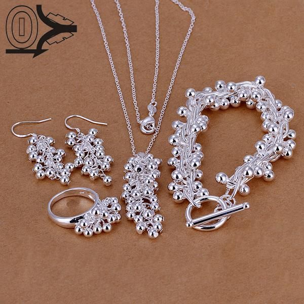 

silver plated jewelry set,bridal party sets,fashion grapes multi beads silver necklace bracelet ring earring, Slivery;golden
