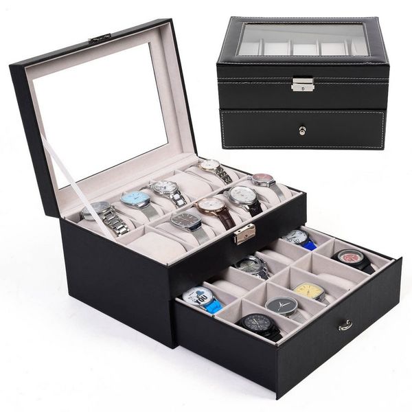 

double layer 20 grids watches boxes jewelry organizer watch display storage box case pu leather square jewelry case dropship, Black;blue