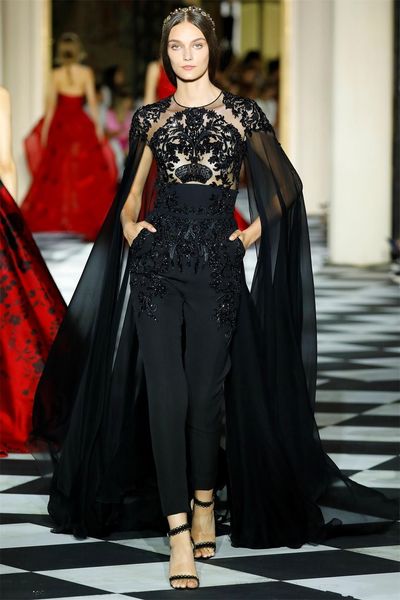

2020 black evening dresses women jumpsuits with wrap illusion lace beaded cocktail party celebrity dress prom dresses robes de soirée, Black;red