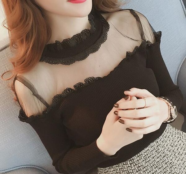 

2019 fashion casual cotton luxury designer spring korean ladies mesh perspective slim slimming lace bottoming sweater women's sweater, White;black