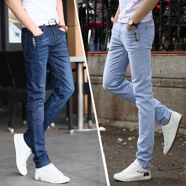 

men's pure blue jeans men's button decoration skinny casual fashion jeans micro-elastic slim size 28-38