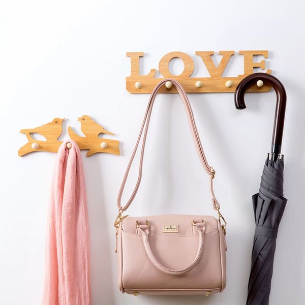 

unique household wood door 5-hooks punch no trace wall hook storage rack with love letters for kitchen bathroom