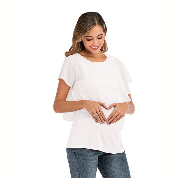 

women's maternity clothes blouse sumer solid short sleeve nursing breastfeeding cloth for pregnant chiffon casual t-shirt cf, White