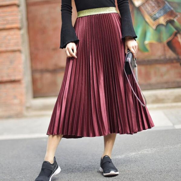 

winter women designer pleated skirts elastic high waist women brand long skirt female autumn ladies midi skirt wholesale, Black
