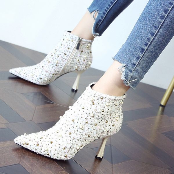 

2020 autumn winter women woolen rhinestone ankle boots plum heel pointed toe thick high heels party shoes woman high heel boots, Black